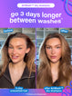 Before and after comparison of a woman's hair using AirWash dry shampoo on a purple background.
